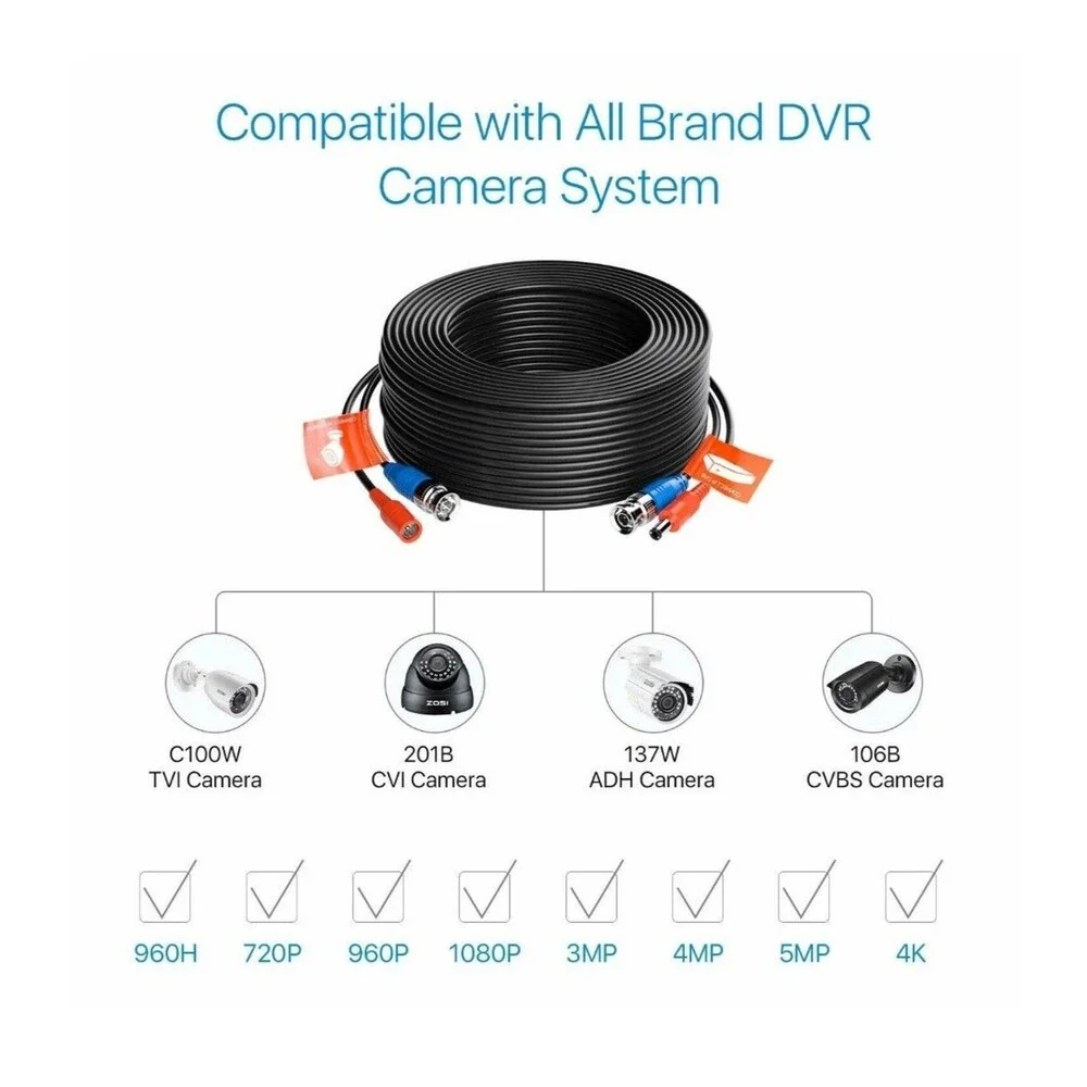 ZOSI CCTV Security Camera BNC Cable 100ft Wire Cord Video Power Cable Black